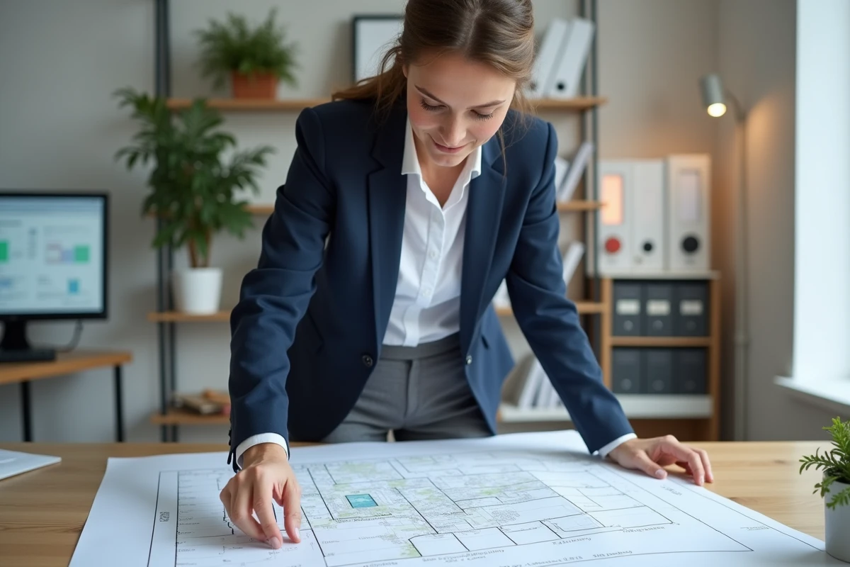Femme agent immobilier analysant un plan de terrain avec des mesures de surface en hectares et mètres carrés dans un bureau