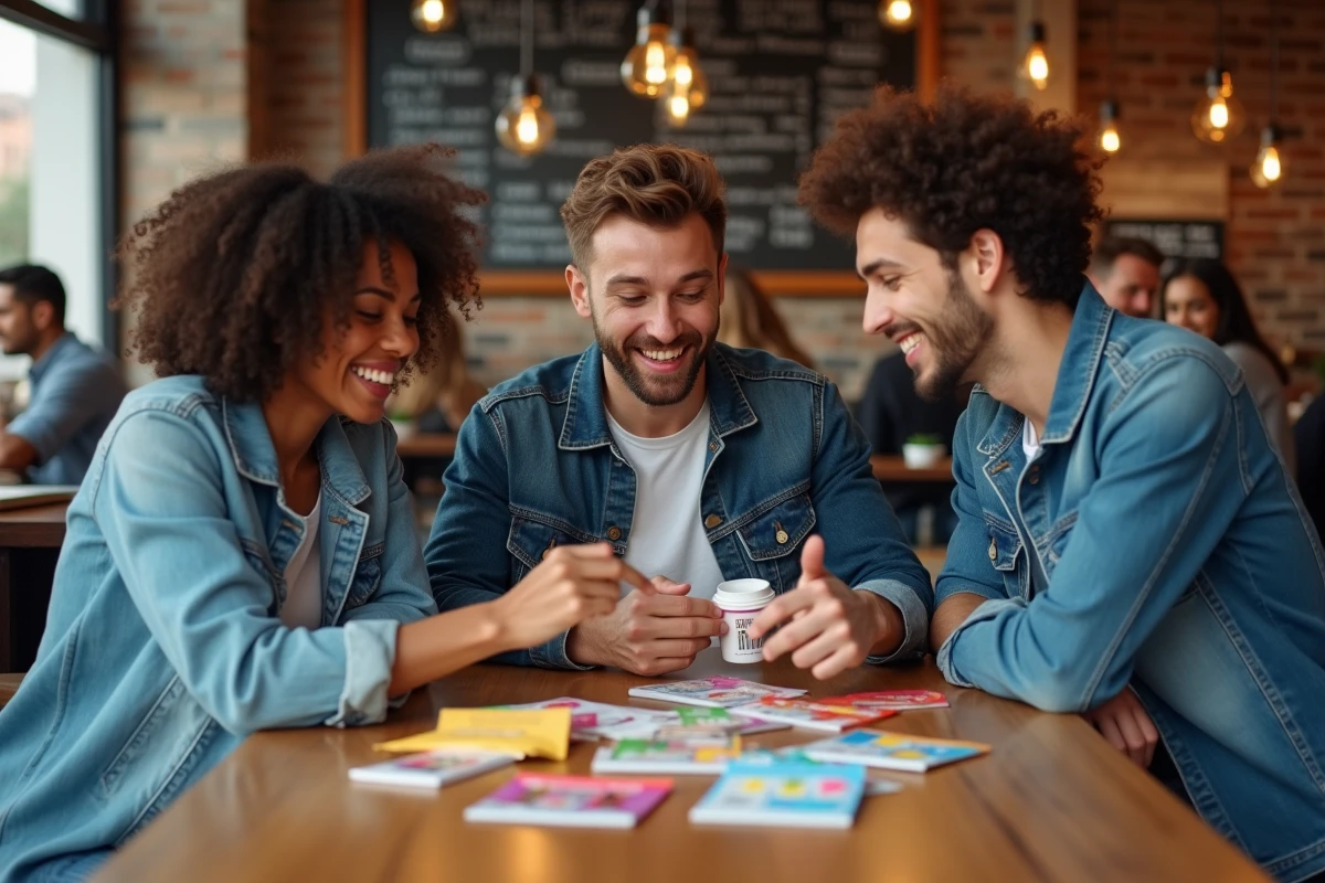 Groupe d'amis comparant des cadeaux gratuits et échantillons promotionnels reçus de marques dans un café