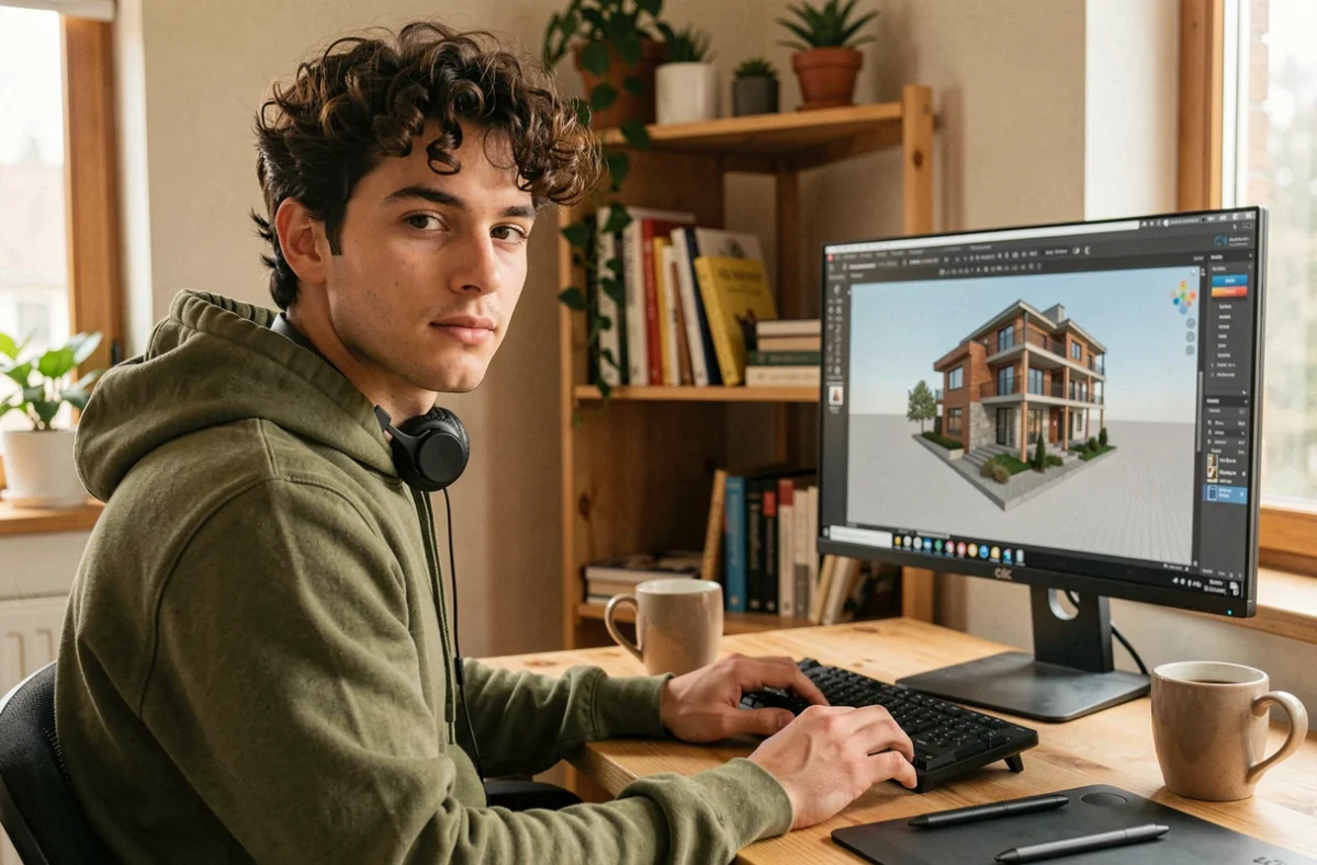 Jeune animateur 3D freelance travaillant depuis son bureau à domicile sur une visualisation architecturale