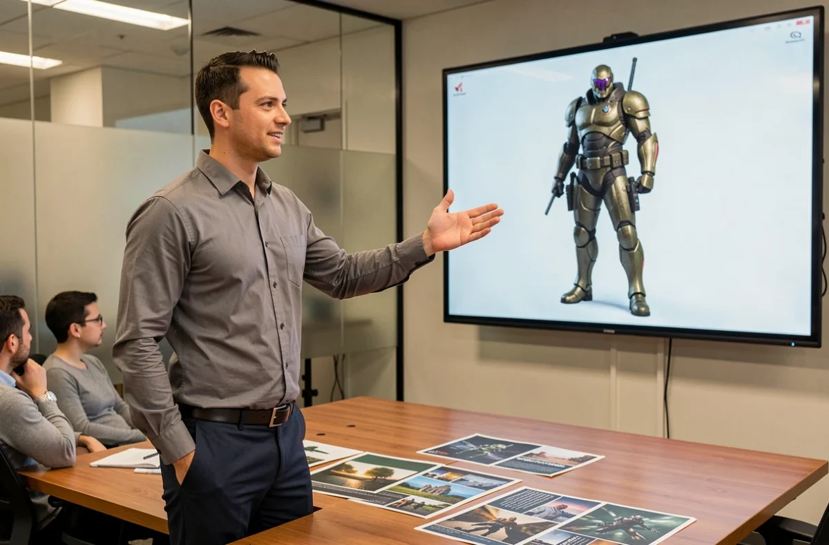 Animateur 3D présentant un projet de personnage 3D lors d'une réunion en entreprise