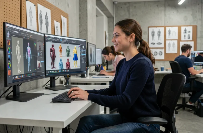 Animatrice 3D travaillant sur des rendus de personnages dans un studio d'animation professionnel moderne