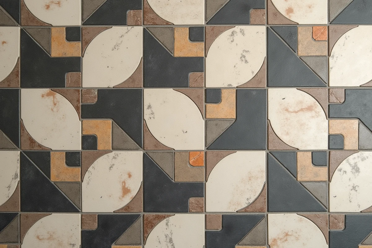 Gros plan sur des carreaux de ciment géométriques gris et blanc en chevron avec texture artisanale authentique