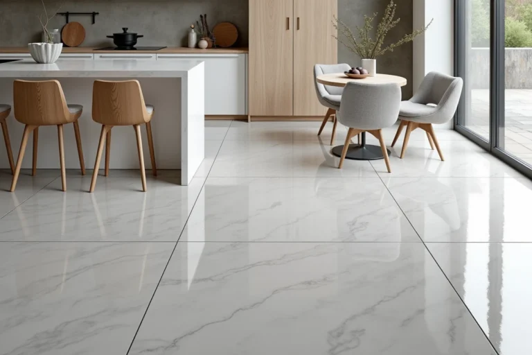 Carrelage gris brillant grand format dans une cuisine moderne ouverte avec îlot blanc et mobilier scandinave