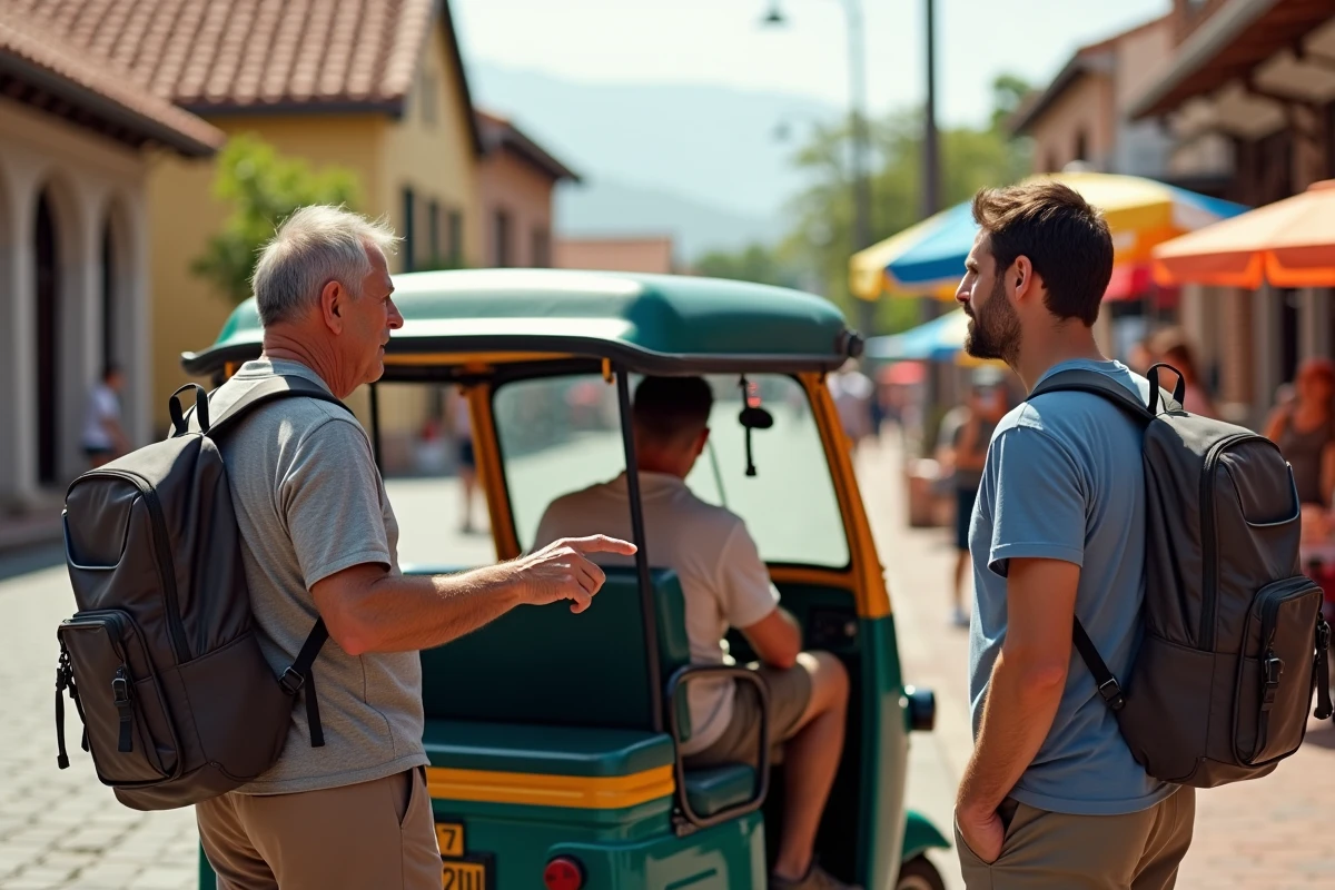 Chauffeur de tuktuk expliquant la capacité de passagers à des touristes près de son véhicule