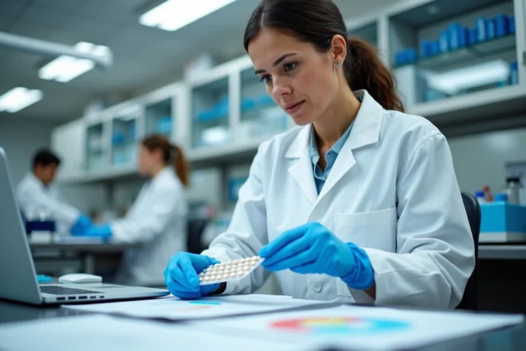 Chercheuse pharmaceutique analysant des comprimés médicaux dans un laboratoire clinique moderne