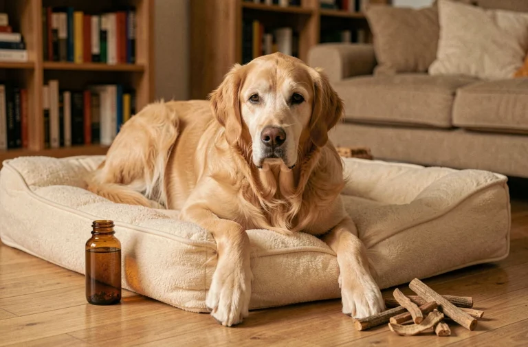 Vieux golden retriever allongé sur un coussin orthopédique avec une bouteille d'harpagophytum et des racines séchées posées à côté, illustration naturelle d'un traitement contre l'arthrose du chien