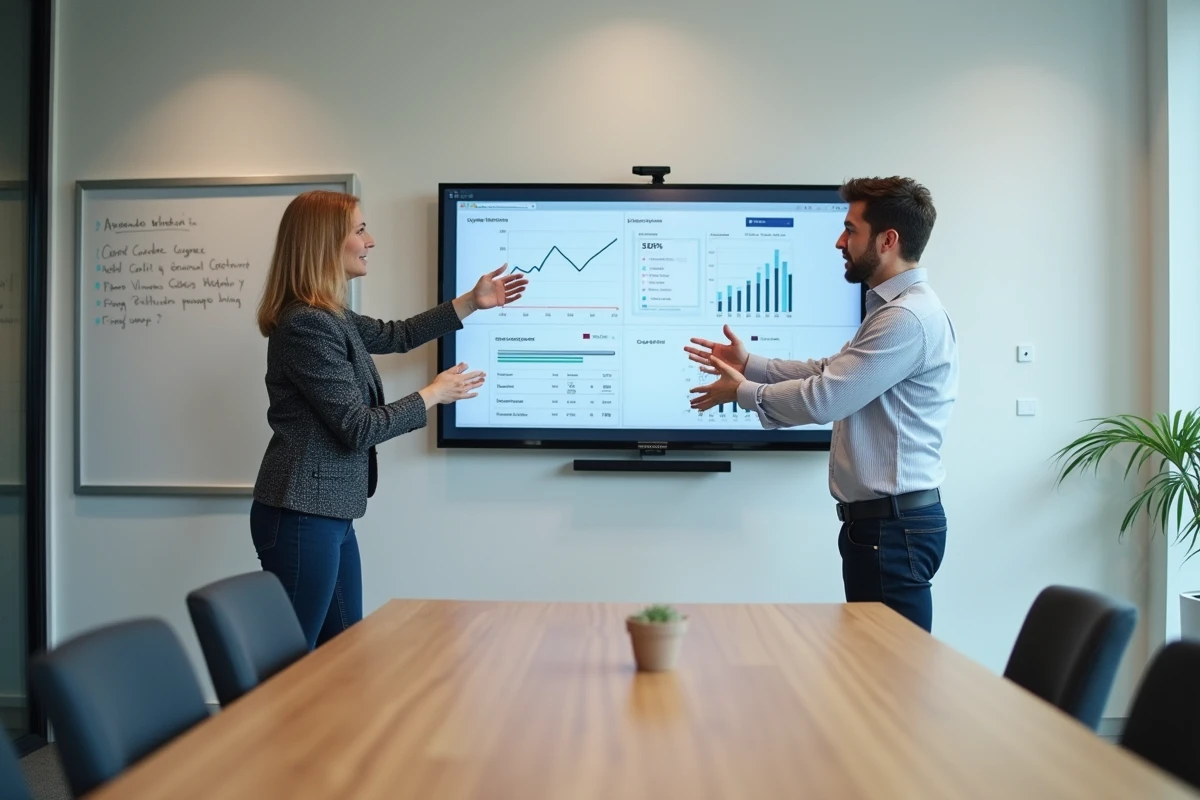 Deux professionnels collaborant sur une stratégie de business en ligne devant un écran de présentation en salle de réunion