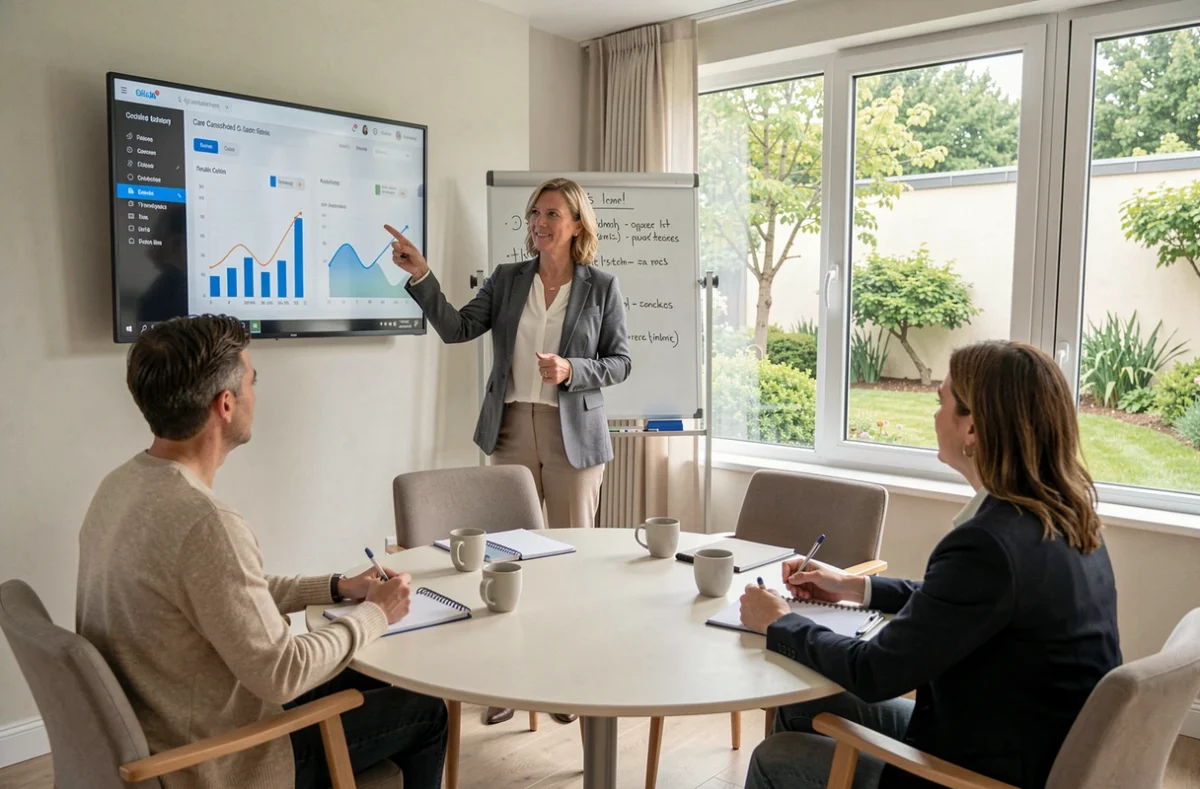 Coordinatrice de soins présentant un tableau de bord analytique Netsoins DomusVi à une équipe soignante en salle de réunion d'EHPAD