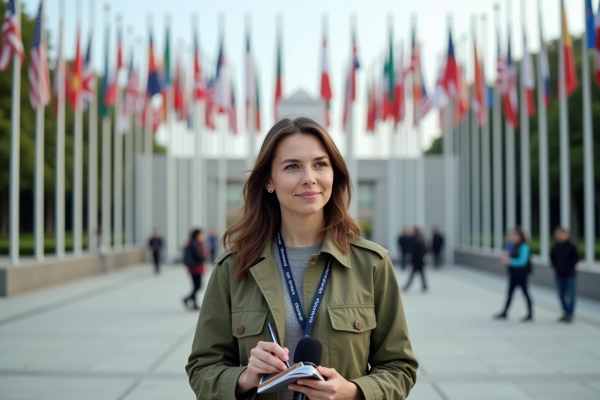 Correspondante étrangère en reportage devant l'entrée d'un sommet international avec des drapeaux de nations en arrière-plan
