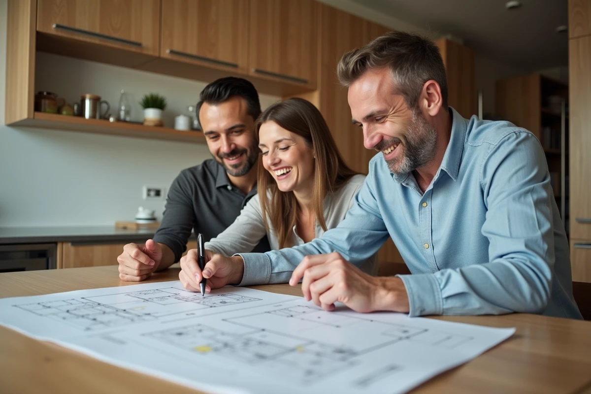 Couple discutant plans dans cuisine lumineuse