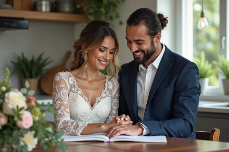 Jeune couple planifiant leur mariage dans la cuisine élégante