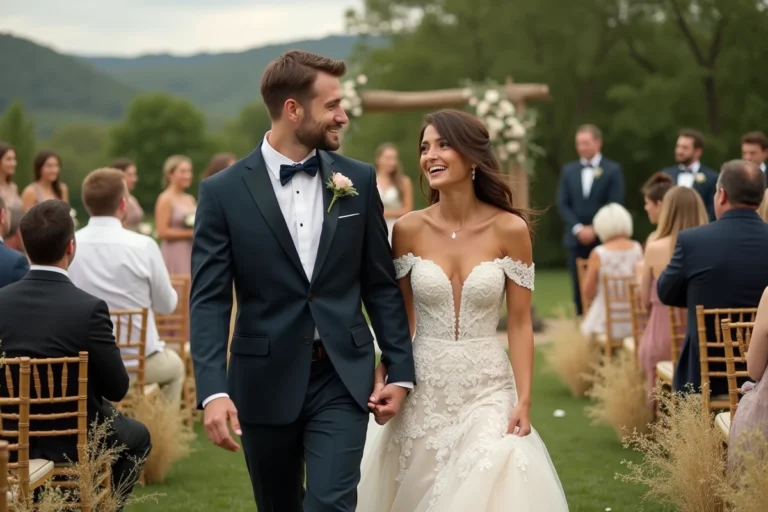 Jeune couple riant lors de leur mariage en plein air