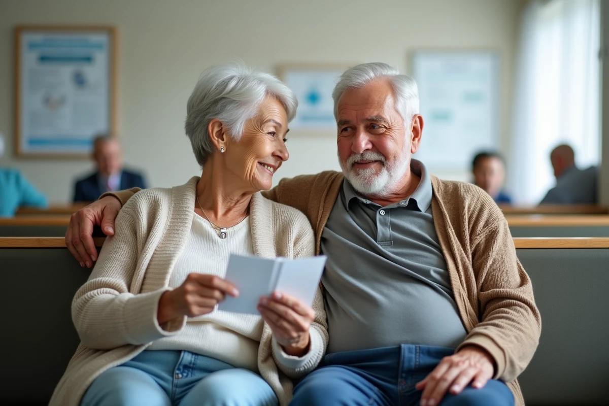 Couple de seniors en salle d'attente médicale tenant une convocation, représentant le suivi de santé des personnes âgées