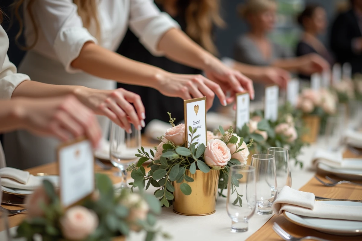 Mains de deux femmes arrangeant décoration de table