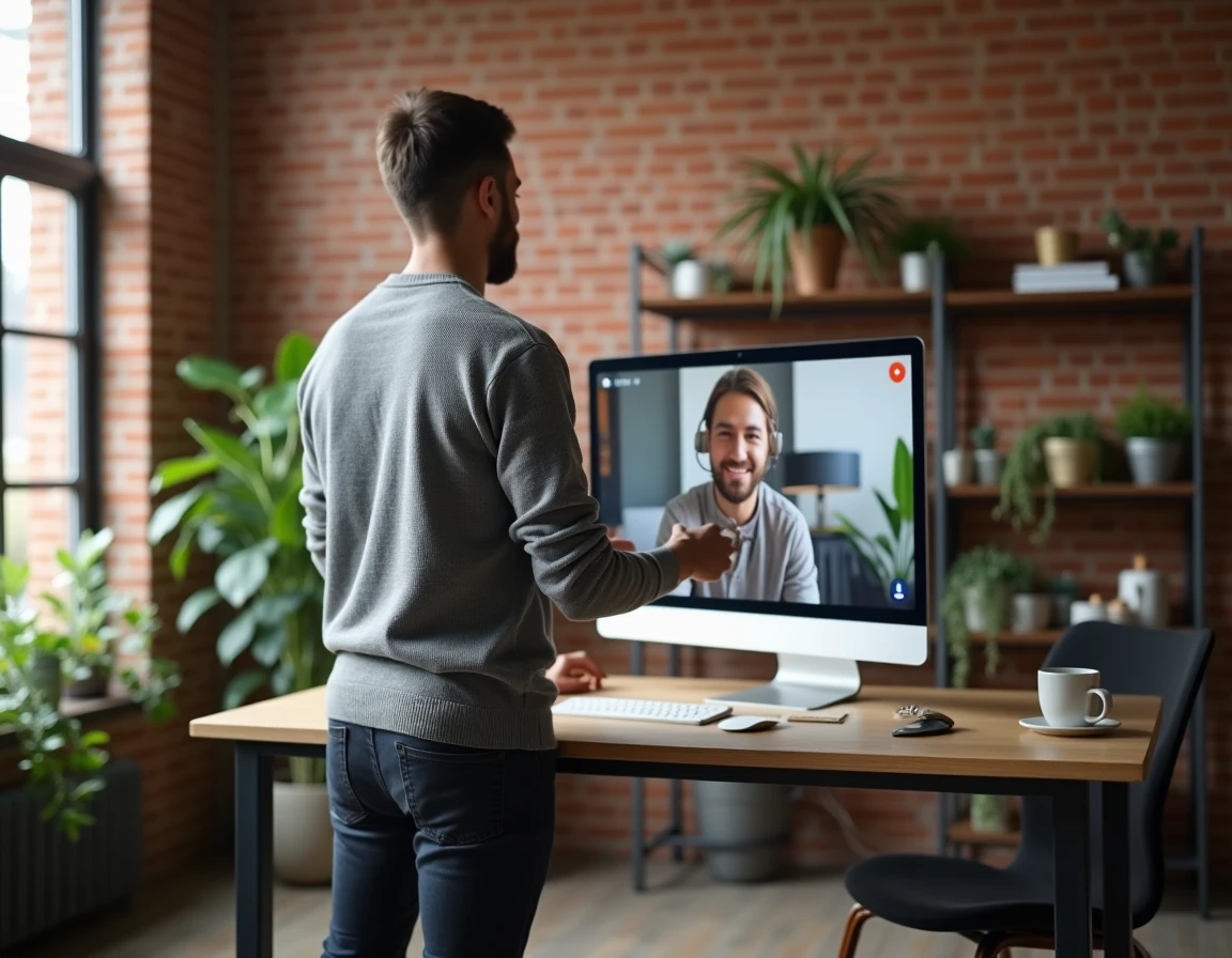 Entrepreneur travaillant depuis son bureau à domicile grâce aux outils collaboratifs et services en ligne innovants