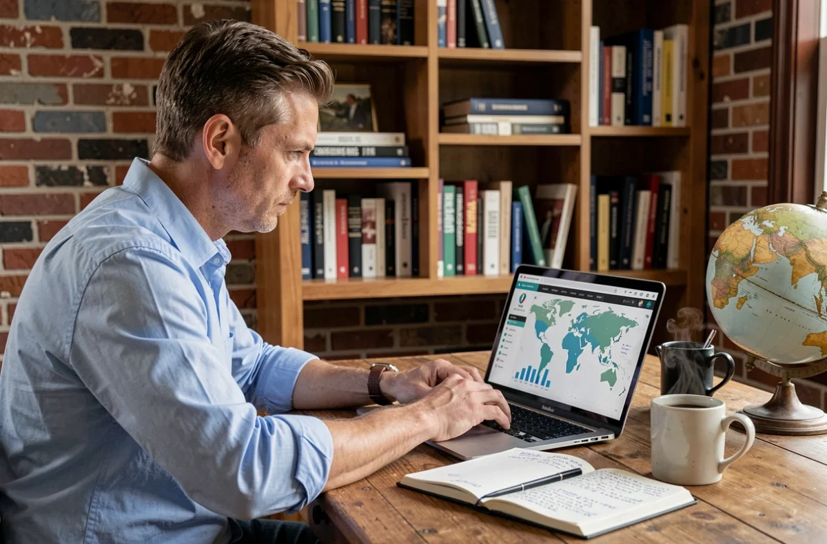 Entrepreneur concentré travaillant seul sur son bureau à domicile avec un globe et un ordinateur, planifiant son expansion à l'international