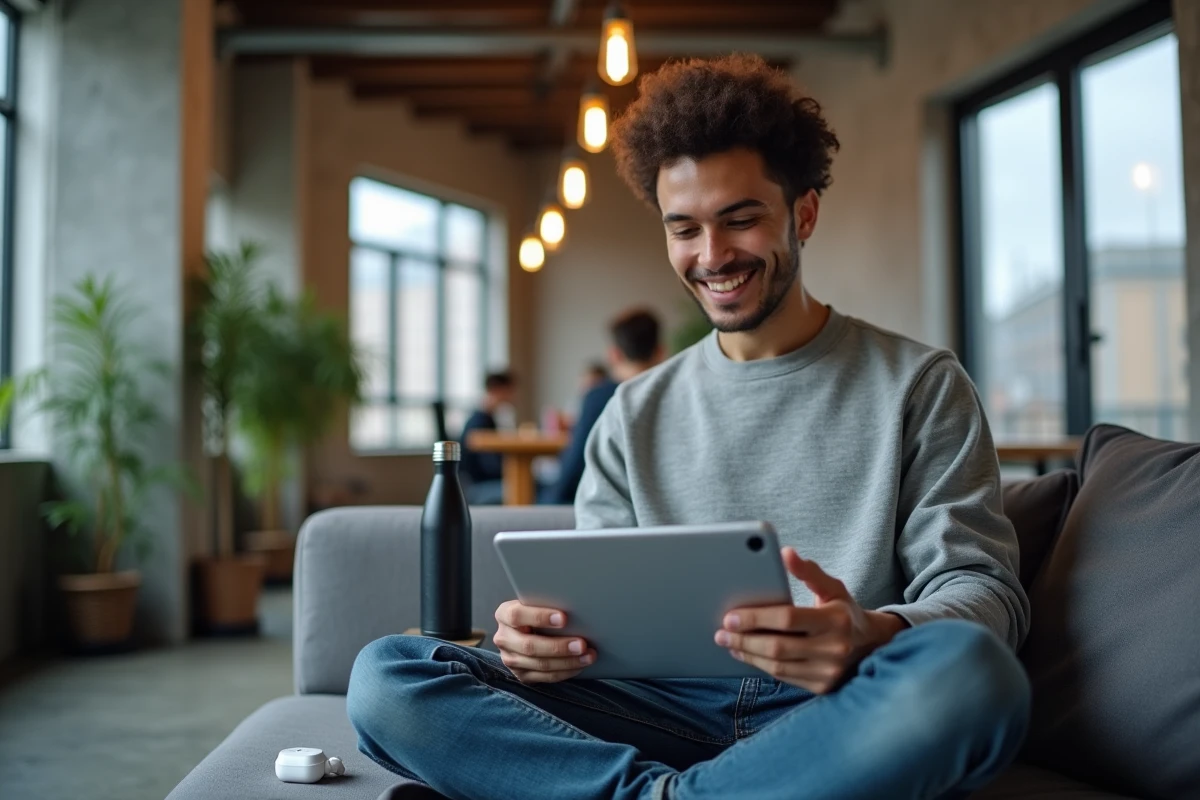 Jeune entrepreneur masculin consultant son e-commerce sur tablette dans un espace de coworking moderne