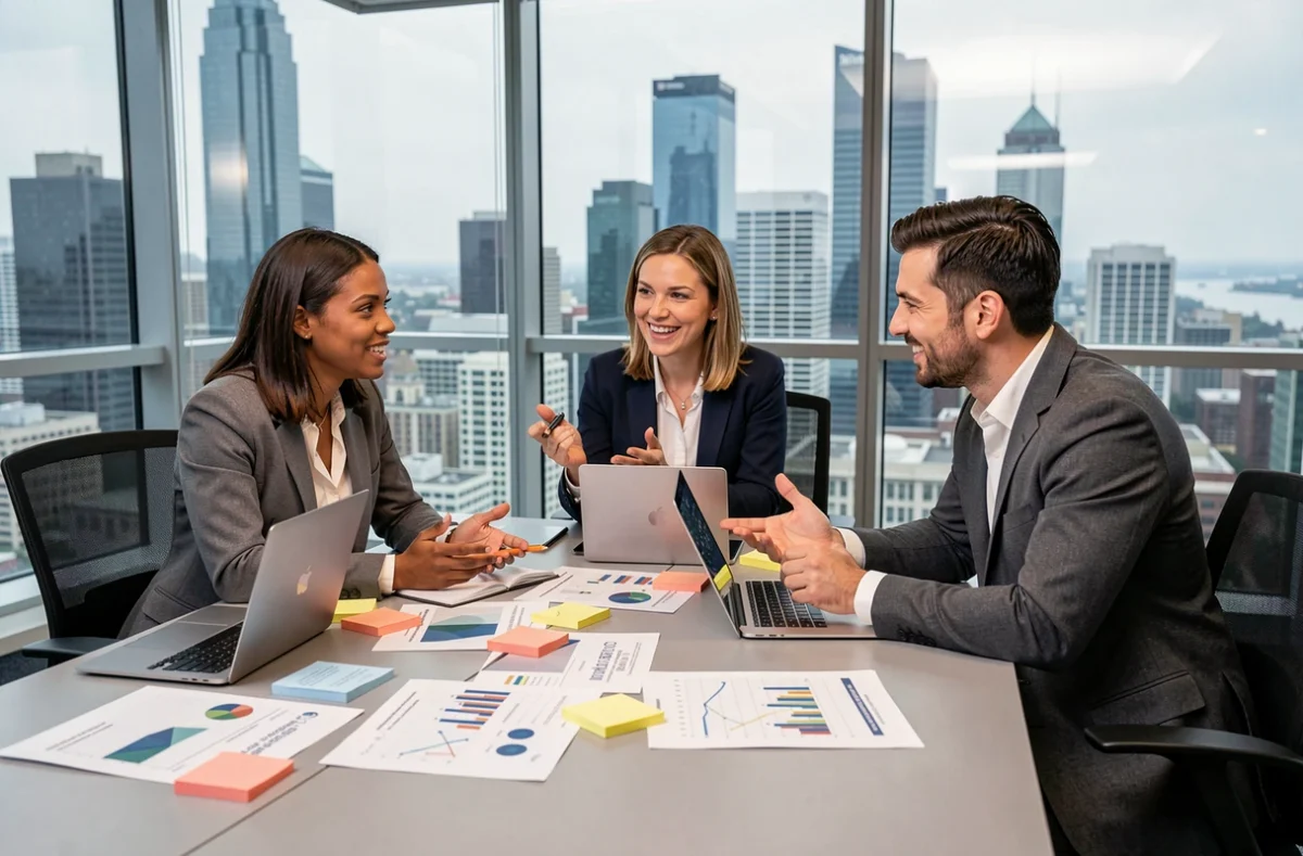 Équipe de professionnels analysant ensemble les dernières tendances du marketing digital autour d'une table de réunion moderne