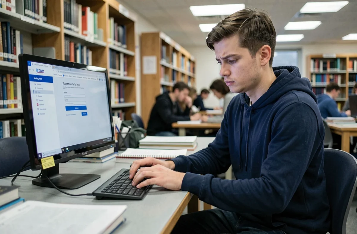 Étudiant consultant la page de connexion mail académique Amiens sur un ordinateur en bibliothèque universitaire