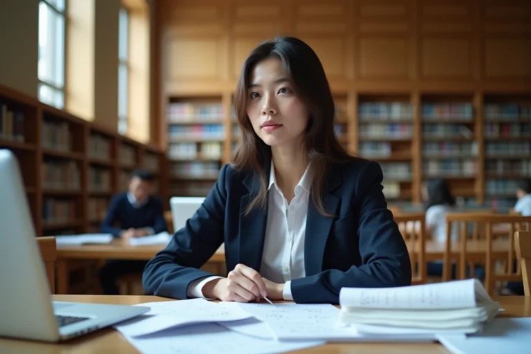 Étudiante en master de mathématiques financières concentrée sur ses révisions dans une bibliothèque universitaire