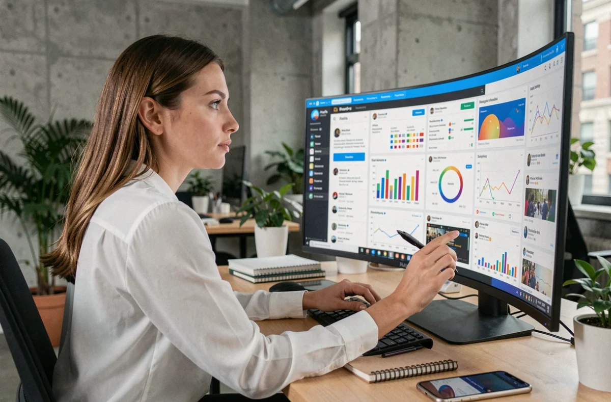 Femme professionnelle consultant des tendances digitales sur un grand écran dans un bureau moderne et minimaliste