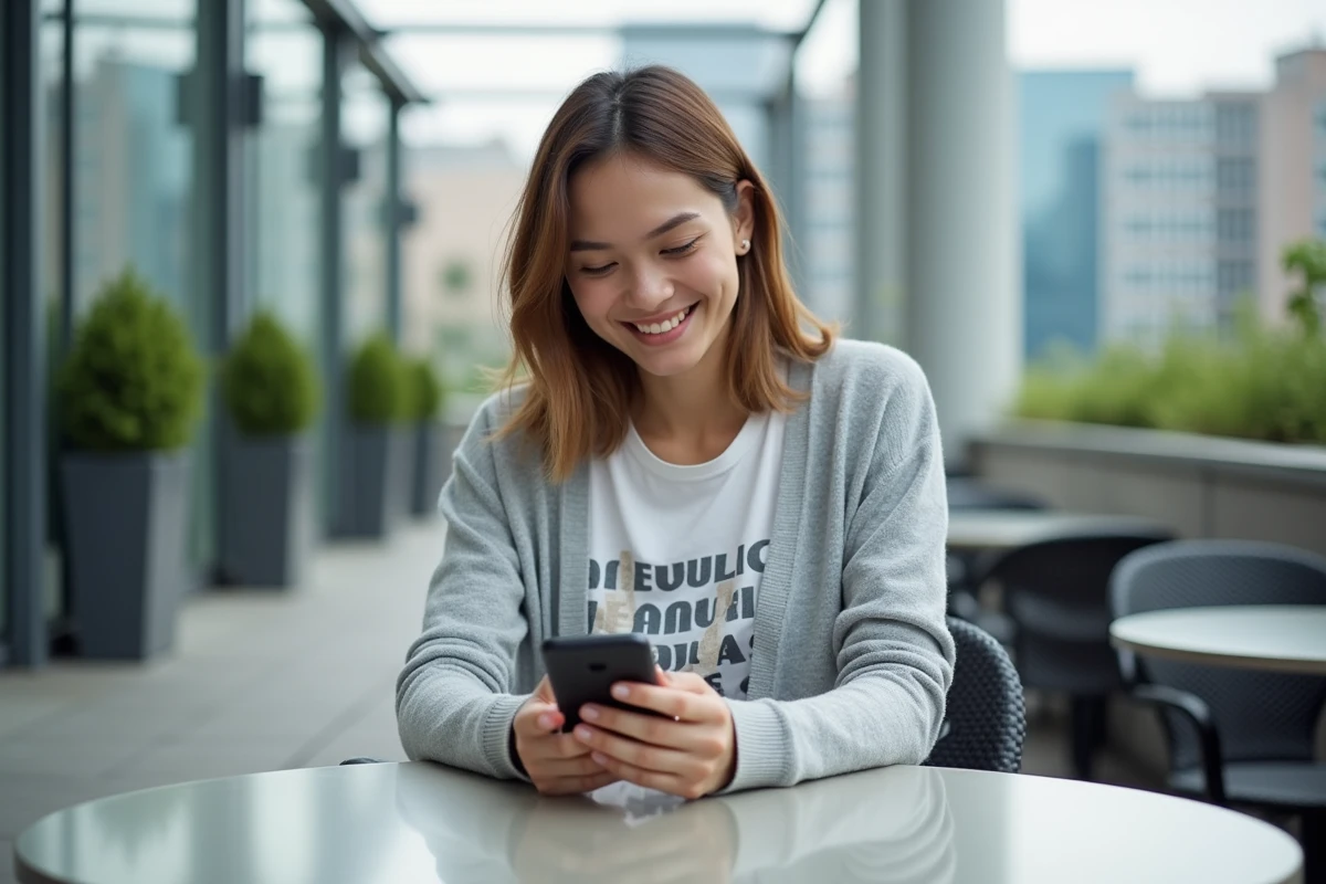 Jeune femme souriante utilisant son smartphone en terrasse