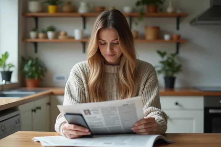Jeune femme avec smartphone et journal dans la cuisine