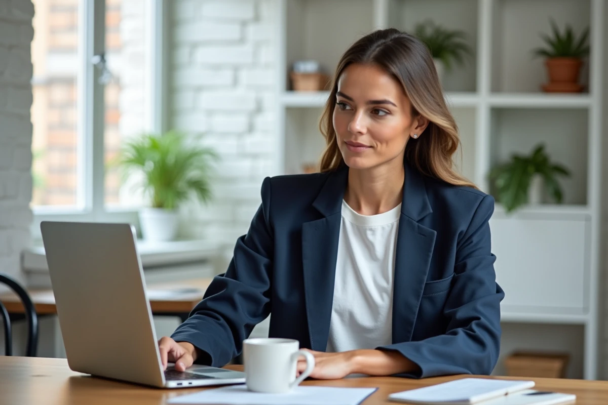 Femme entrepreneur travaillant sur son business en ligne depuis un bureau à domicile moderne avec laptop et analytics