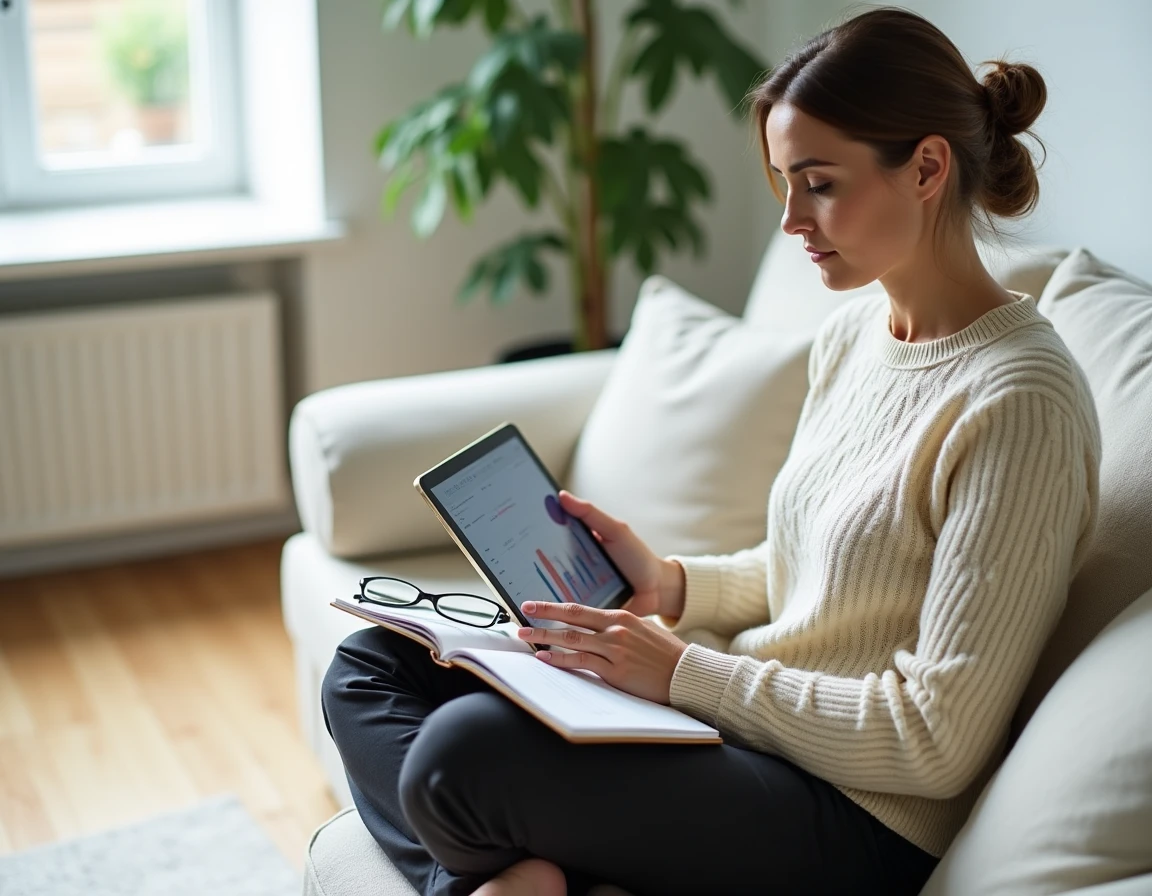 Femme consultant une application de gestion financière sur tablette dans un salon minimaliste scandinave