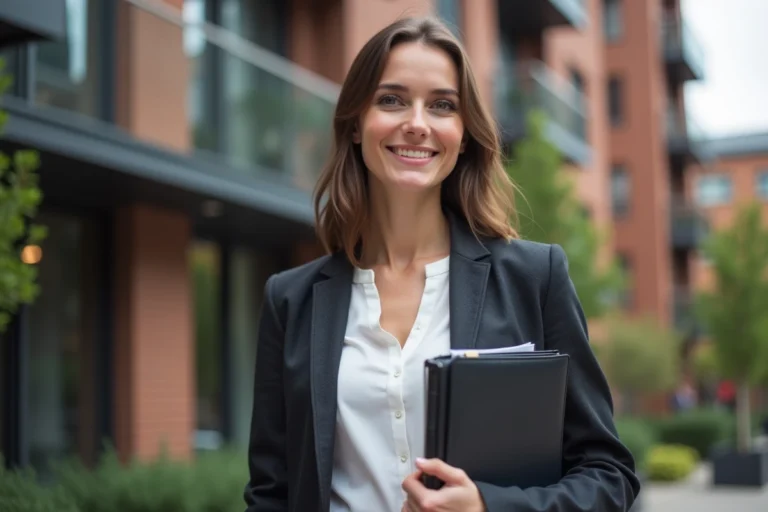 Femme souriante en blazer devant immeuble moderne