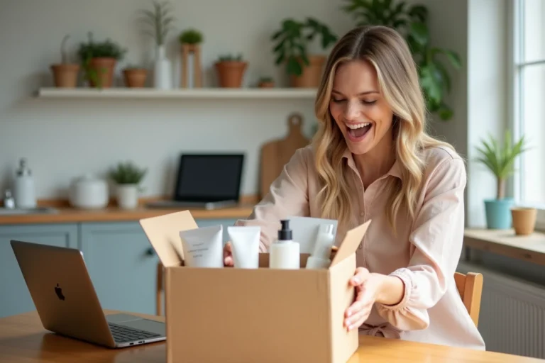 Femme ouvrant une boîte cadeau gratuite reçue d'une promotion en ligne, avec des échantillons de produits sur une table en bois