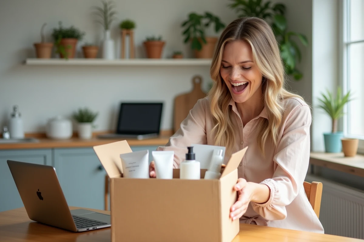Femme ouvrant une boîte cadeau gratuite reçue d'une promotion en ligne, avec des échantillons de produits sur une table en bois
