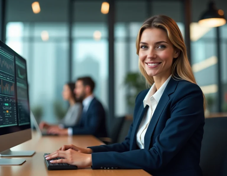 Femme professionnelle analysant des tableaux de bord numériques pour optimiser les services business en ligne de son entreprise