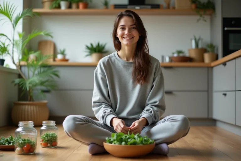 Jeune femme prépare une salade verte dans la cuisine moderne