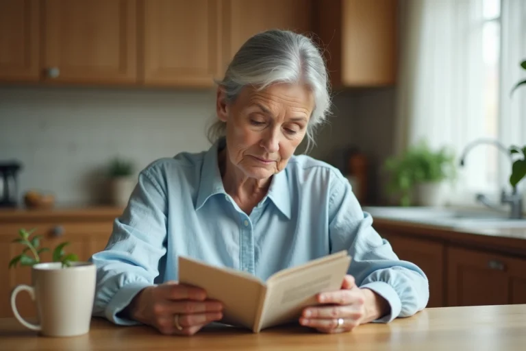 Senior femme aux cheveux gris lisant un guide de santé dans sa cuisine, illustrant les conseils pour bien vieillir