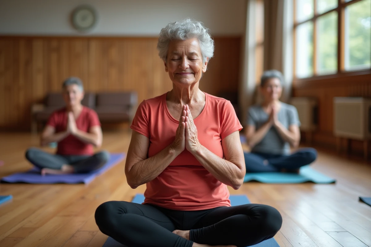 Femme senior pratiquant le yoga en groupe dans une salle communautaire, illustrant le bien-être physique et mental des aînés