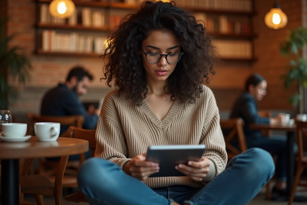 Jeune femme consultant un site d'actualités sur une tablette dans un café chaleureux avec décor en brique