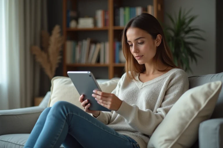 Femme en salon regardant sa tablette pour sa sante