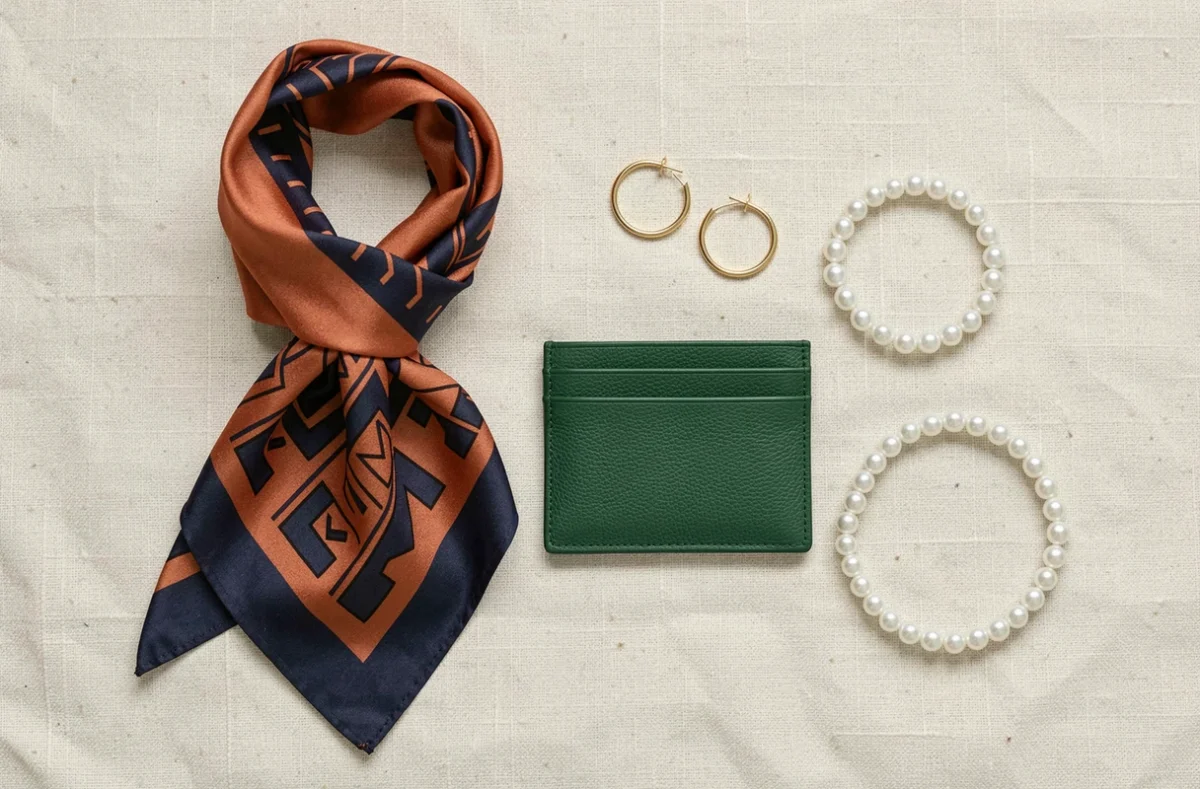 Flat-lay d'accessoires de mode sur lin ivoire : foulard soie, boucles d'oreilles dorées, porte-cartes vert et bracelet perles