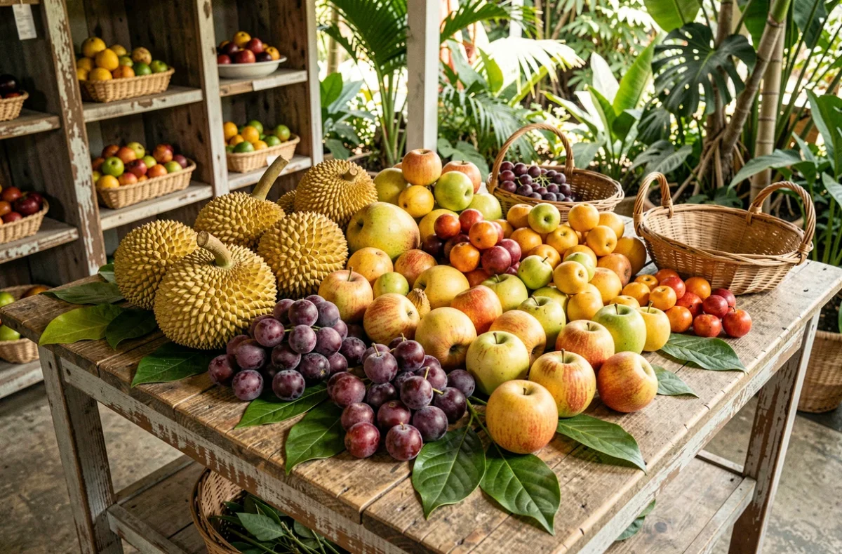 Assortiment coloré de fruits exotiques commençant par la lettre J sur une table en bois rustique dans un marché tropical