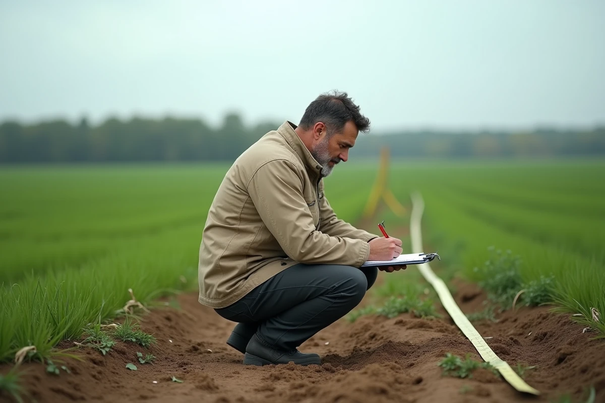 Géomètre mesurant une parcelle agricole avec un ruban métrique dans un champ, illustration de la conversion hectare en mètres carrés