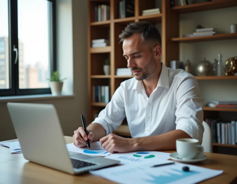 Homme d'affaires analysant des documents financiers et des graphiques sur un bureau en bois dans un bureau à domicile moderne