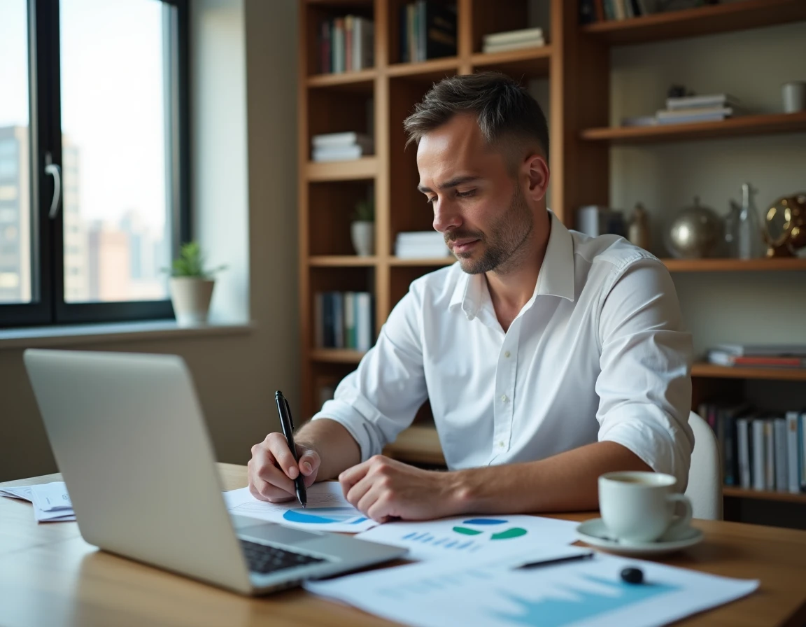 Homme d'affaires analysant des documents financiers et des graphiques sur un bureau en bois dans un bureau à domicile moderne