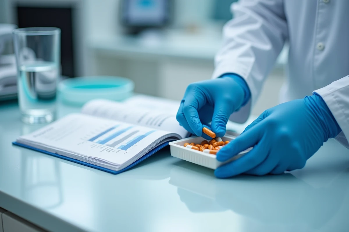 Gros plan de mains gantées manipulant des capsules pharmaceutiques lors d'une étude clinique en laboratoire