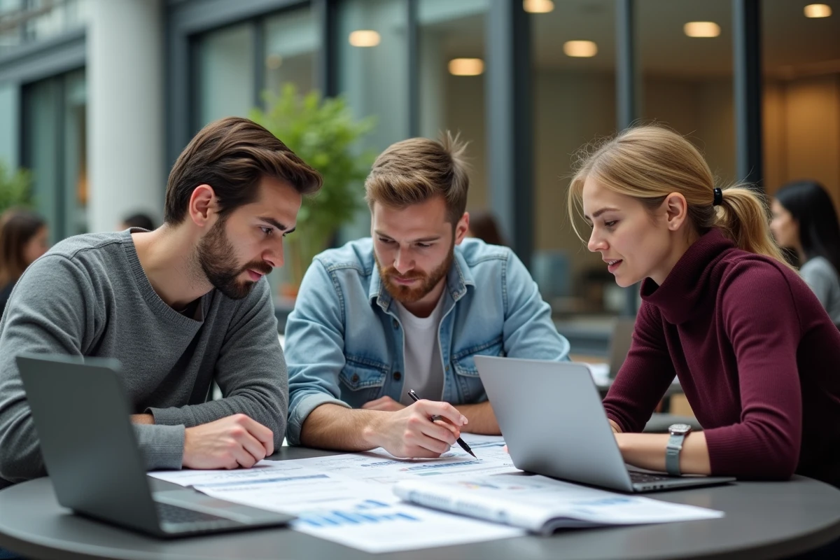 Groupe d'étudiants en master de finance quantitative travaillant ensemble sur des modèles mathématiques complexes