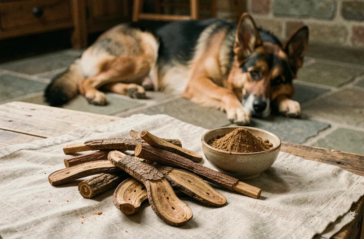 Racines séchées d'harpagophytum, gélules et poudre disposées sur une table en bois rustique avec un berger allemand âgé reposant en arrière-plan, présentation d'un complément naturel pour soulager l'arthrose chez le chien