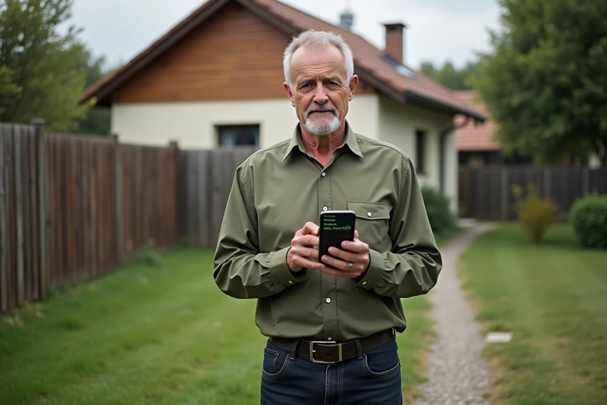 Homme consultant une application de mesure de terrain sur smartphone devant une parcelle résidentielle, conversion centiare are hectare