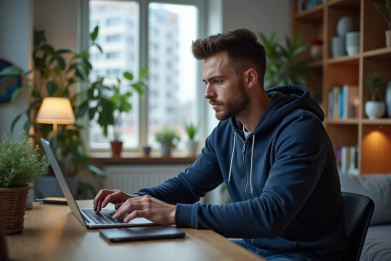 Homme en hoodie regardant son ordinateur avec site de telechargement