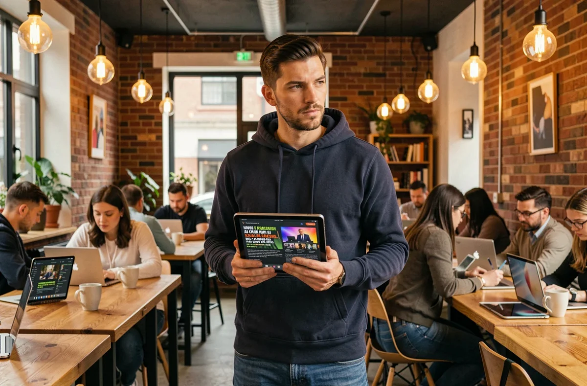 Jeune homme consultant les dernières actualités digitales sur une tablette dans un espace de co-working animé