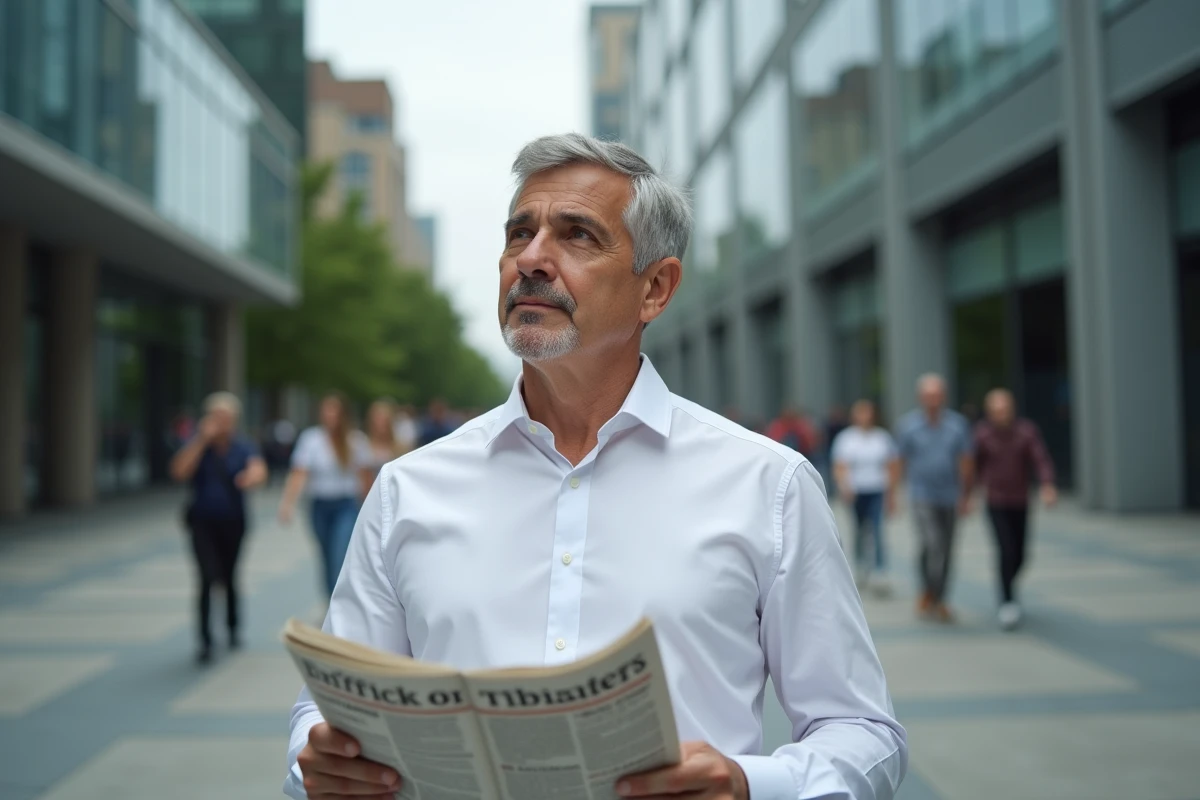 Homme lisant un journal imprimé en ville, tenant un quotidien dans la rue avec architecture urbaine en arrière-plan